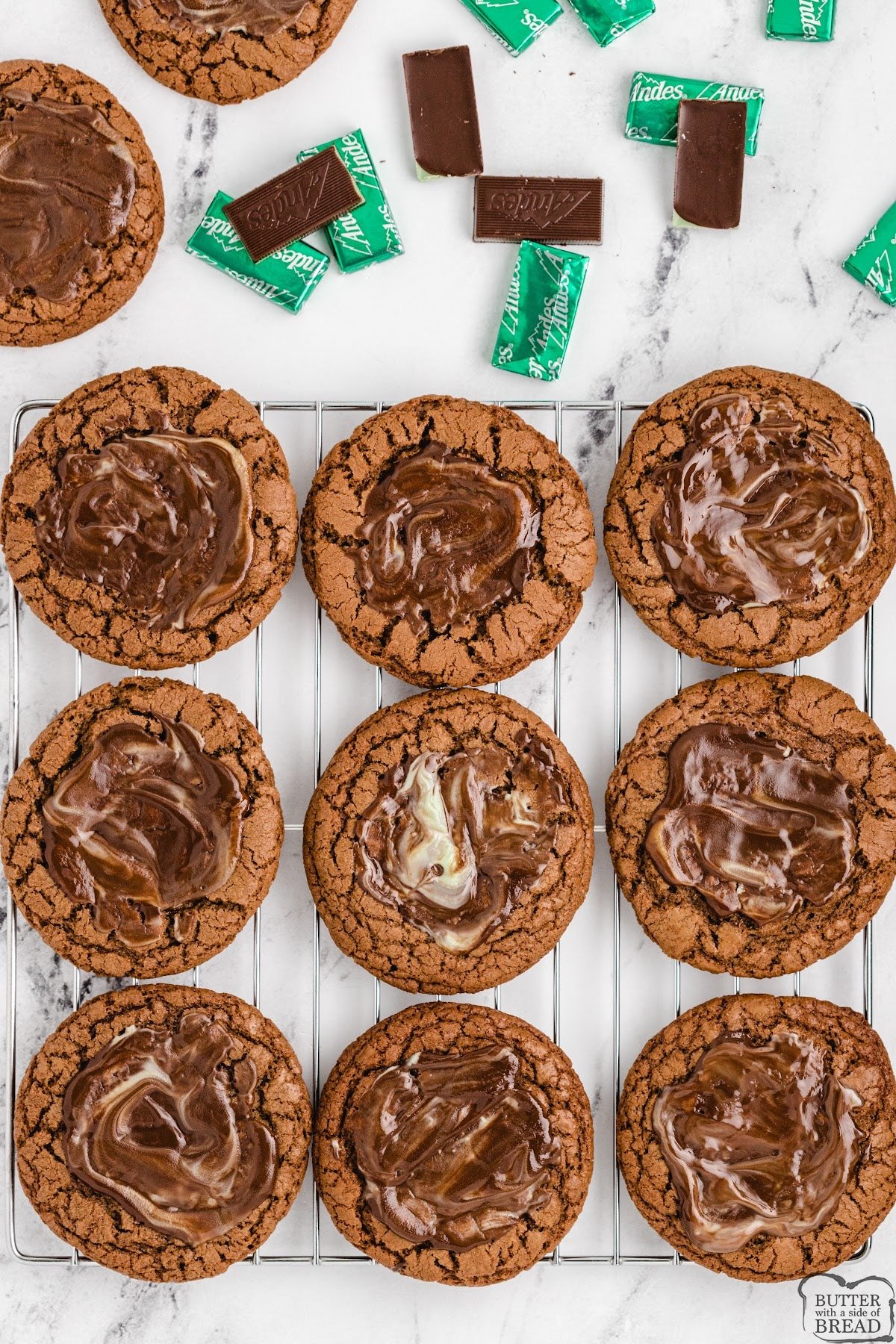 Chocolate mint cookies made with melted Andes mints.