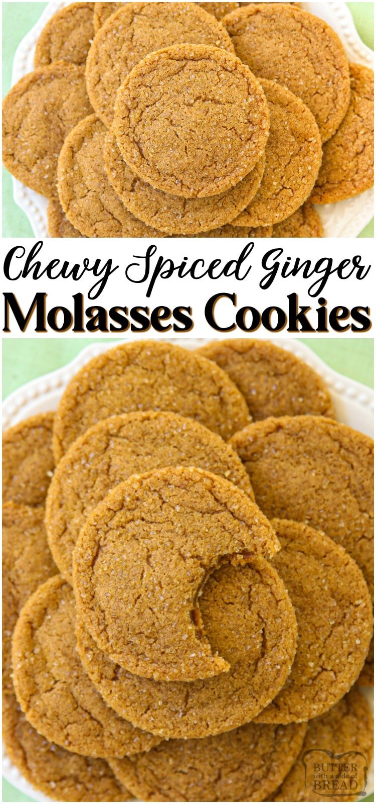 Spiced Ginger Cookies made with molasses and a lovely blend of holiday spices. Perfect soft Ginger Molasses Cookies for Christmas! #ginger #baking #cookies #spiced #molasses #Christmas #holidaybaking #ChristmasCookies from BUTTER WITH A SIDE OF BREAD