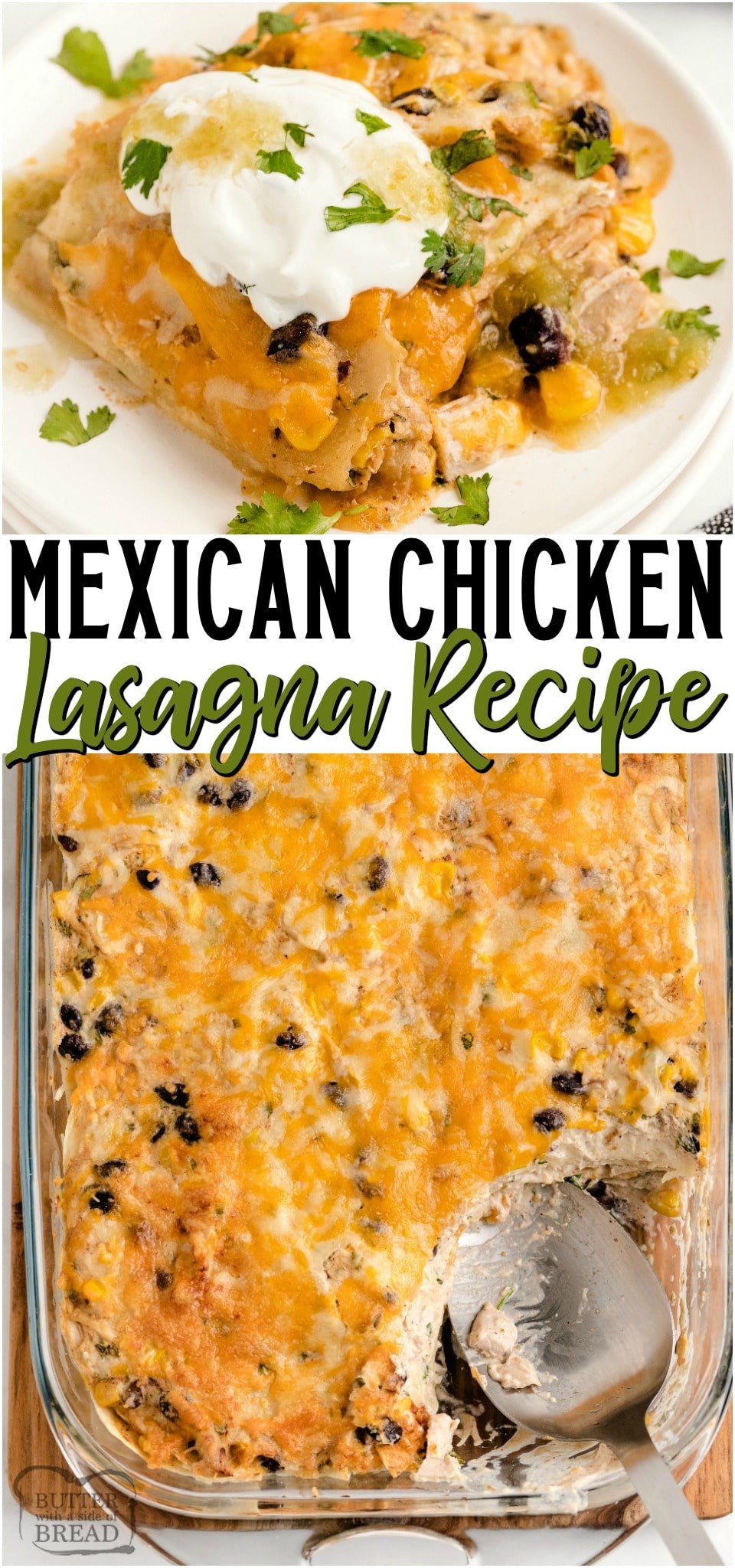 Mexican Chicken Lasagna is an easy chicken dinner recipe made by layering tortilla strips with sour cream, black beans, salsa, corn, seasonings and cheese of course! Easy chicken lasagna recipe with fabulous Mexican flavors our family loves. 