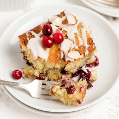 Cranberry Coffee Cake made with fresh cranberries, cinnamon, nutmeg & a simple breakfast cake batter. Perfect cranberry coffee cake recipe for holiday mornings! 