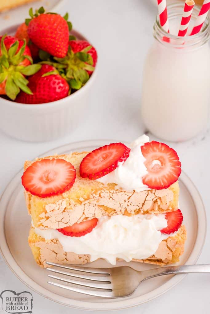 easy 4 ingredient sponge cake on a plate with strawberries