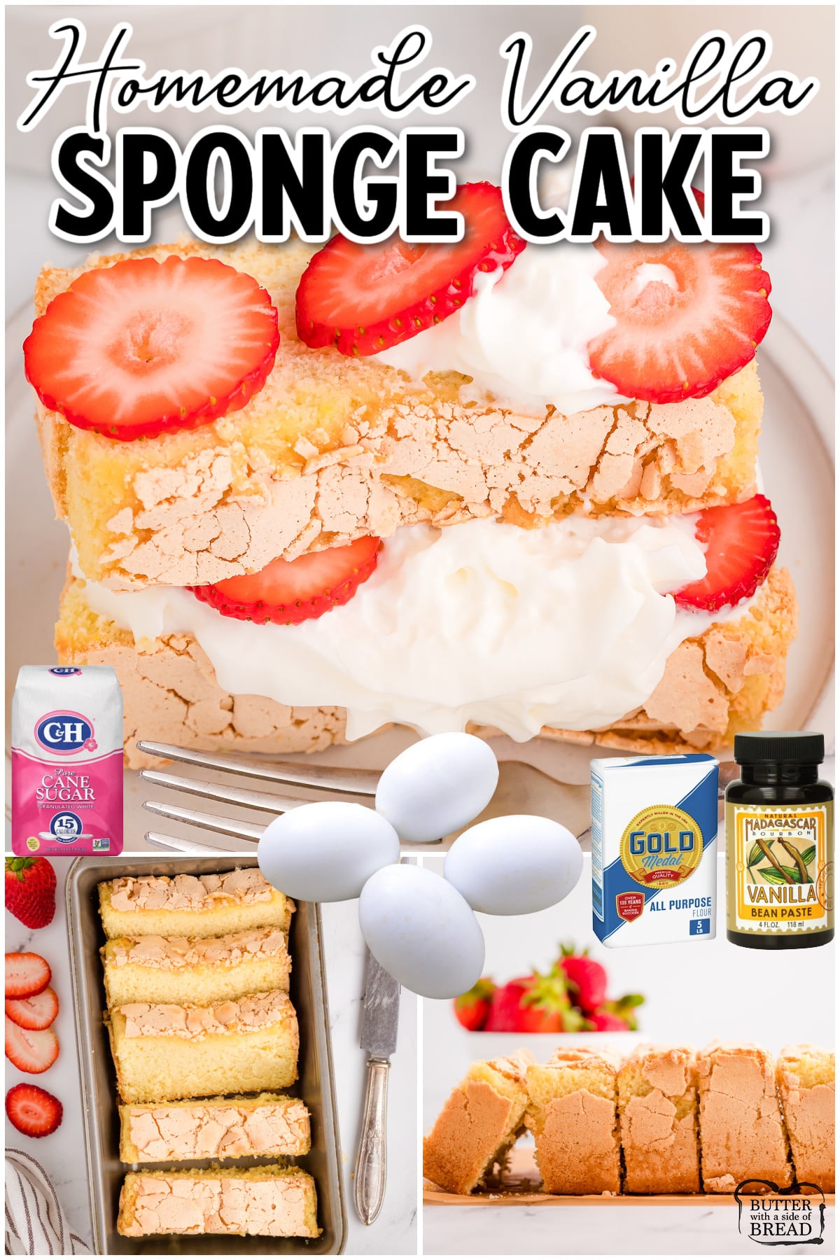 Easy Vanilla Sponge Cake made with just 4 ingredients & tastes incredible topped with strawberries & cream! It's perfect for any occasion & quickly comes together!