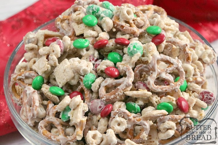 White Chocolate Chex Mix is made with cereal, pretzels, peanuts and M&Ms all coated in white chocolate. This easy chex mix recipe is salty and sweet and comes together in less than 5 minutes!