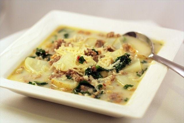 Zuppa Toscana, Italian Sausage Potato Soup, Butter with a Side of Bread