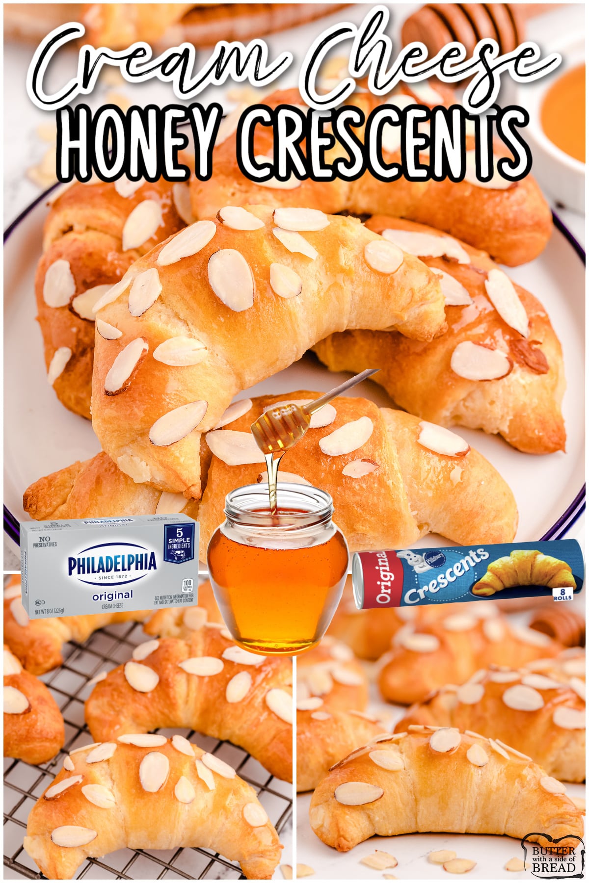 Honey cream cheese croissants made with just 4 ingredients in minutes! Light & flavorful crescent rolls baked with cream cheese and drizzled with honey!