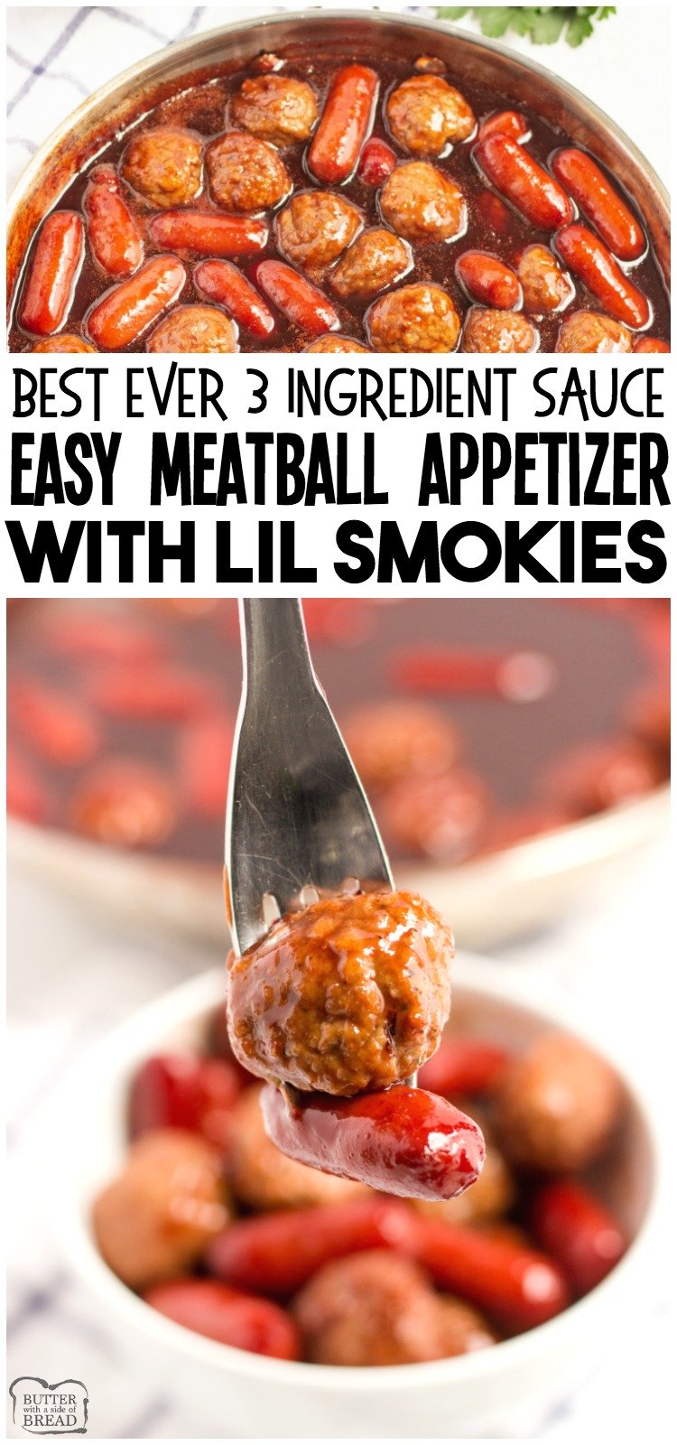 Easy Meatball appetizer recipe made with an incredible 3 ingredient sauce that everyone raves about! Combine frozen meatballs & Lil Smokies in this simple & delicious appetizer recipe perfect for parties. #appetizer #meatballs #bbq #grapejelly #meatballs #appetizers #recipe from BUTTER WITH A SIDE OF BREAD