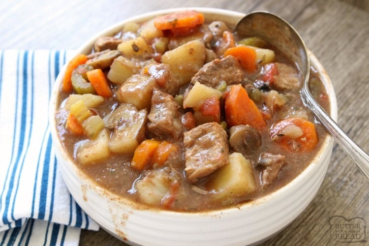 Beef Stew Crock Pot recipe made with tender chunks of beef, loads of vegetables and a simple mixture of broth and spices that yields the BEST, easiest beef stew ever!