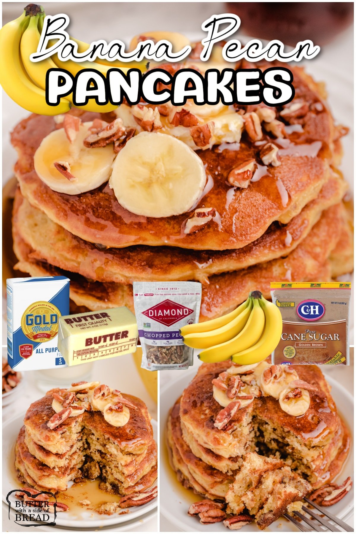 Banana Pecan Pancakes made with classic ingredients, adding banana and pecan for great flavor & texture! Homemade banana pancakes recipe with tips on how to make them light & fluffy!