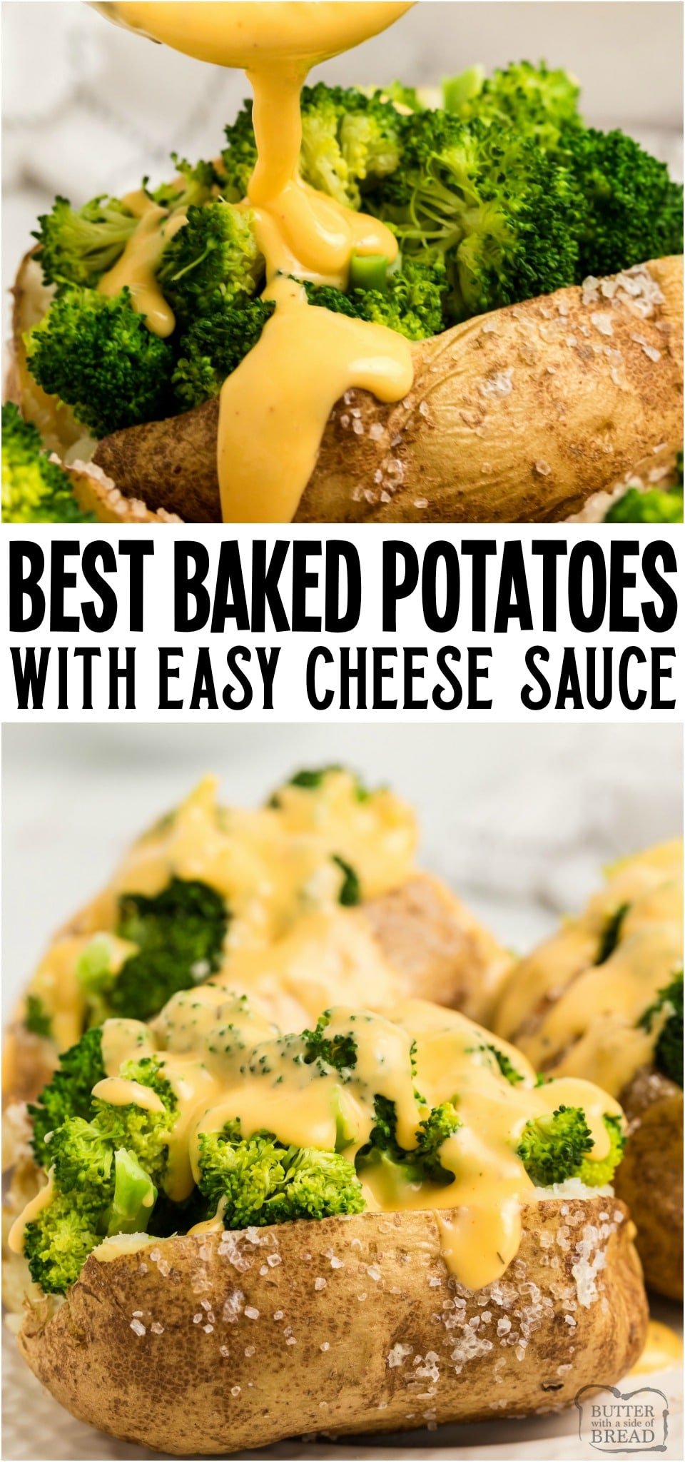 Baked Potatoes with Broccoli and an Amazing Cheese Sauce is the perfect family-friendly meatless main dish. Best recipe for baked potatoes and you'll go crazy over the cheese sauce- it's incredible!
