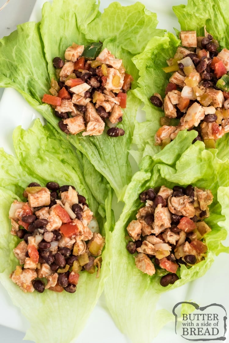 Mexican Chicken Lettuce Wraps are full of chicken, black beans and tons of flavor. These delicious high-protein, low-carb lettuce wraps are healthy and delicious and can be served as an appetizer or as a main dish.