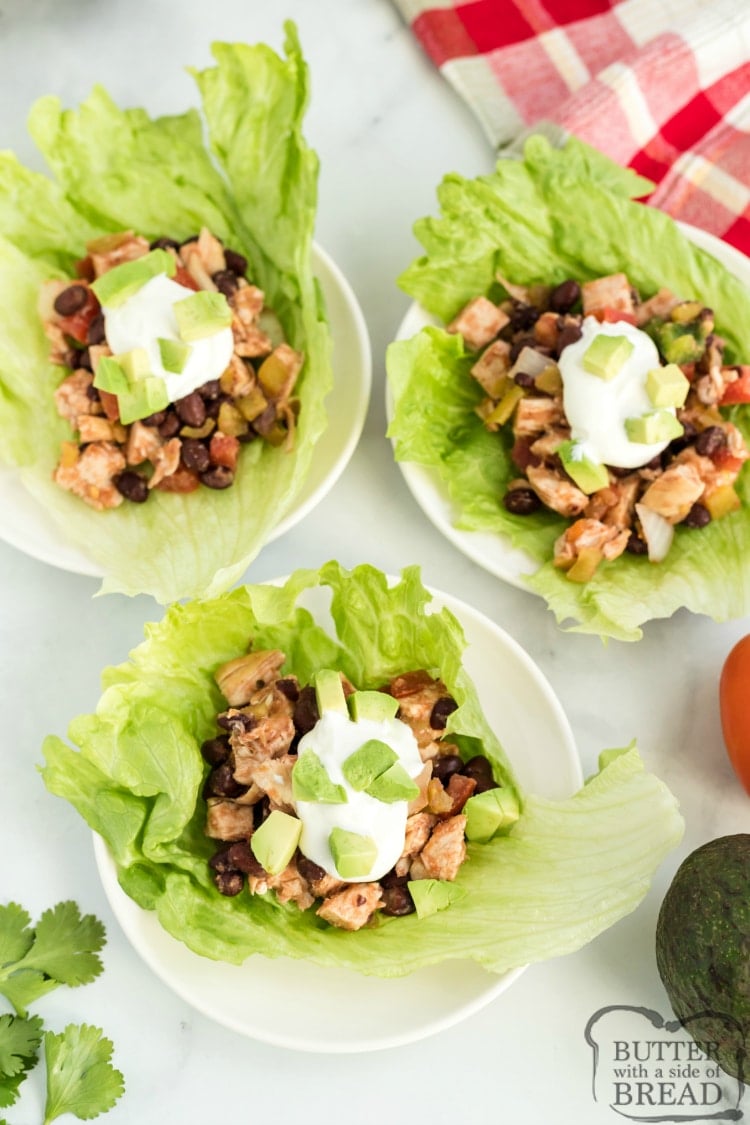 Mexican Chicken Lettuce Wraps are full of chicken, black beans and tons of flavor. These delicious high-protein, low-carb lettuce wraps are healthy and delicious and can be served as an appetizer or as a main dish. 