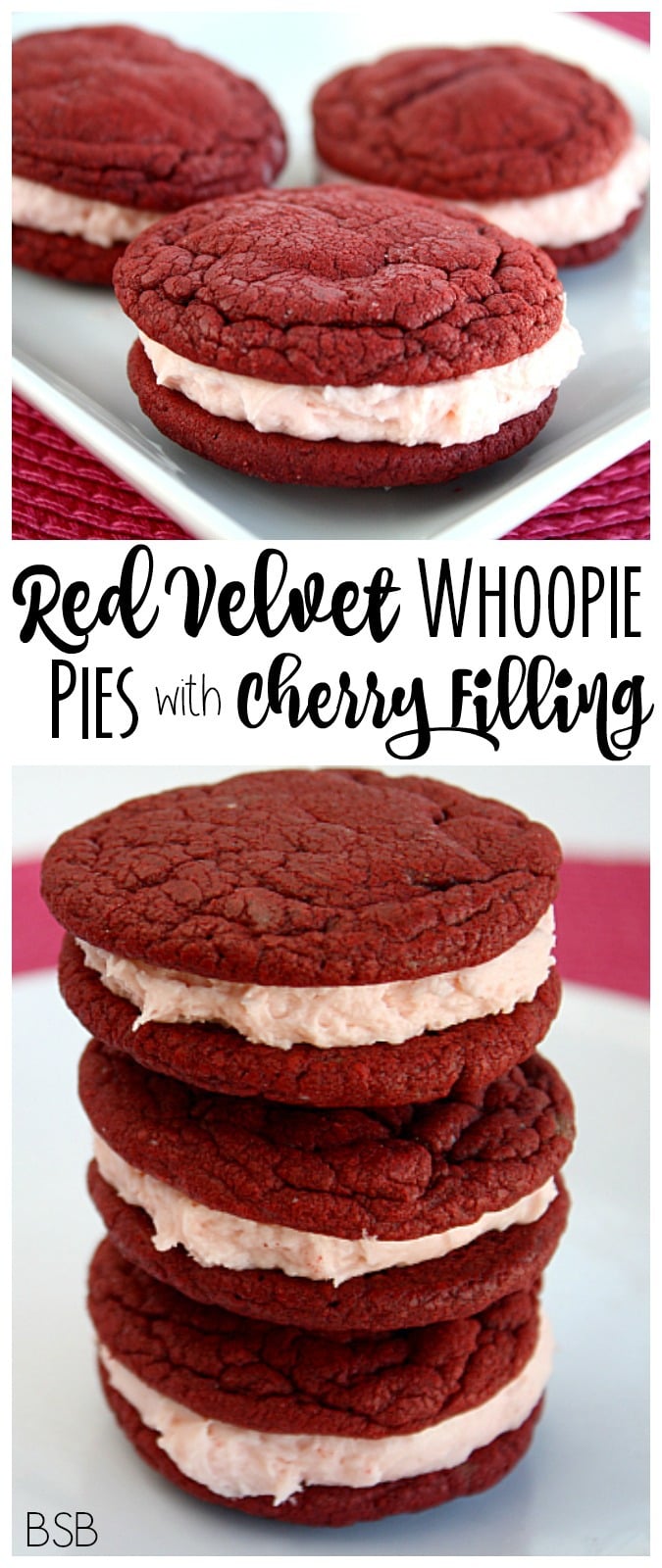 These red velvet whoopie pies with marshmallow filling are an easy and delicious treat. With the cherry marshmallow filling, they add a touch of flavor and romance, making them perfect for Valentine’s Day!