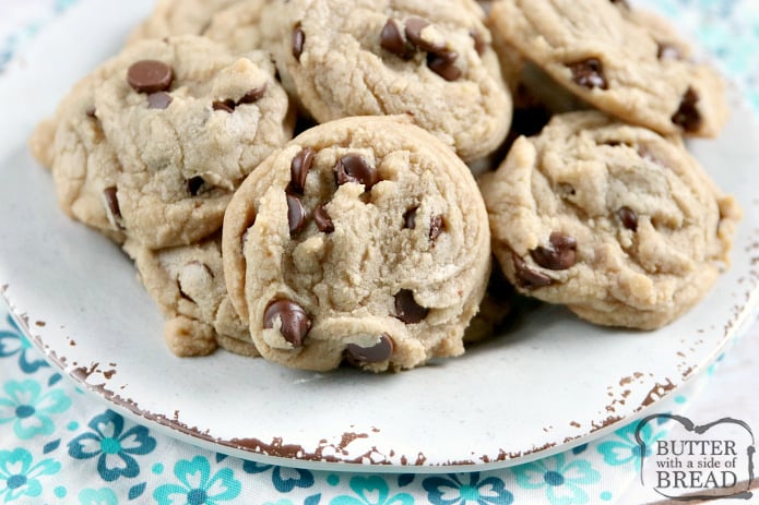 Chocolate Chip Cookies that are soft, loaded with chocolate chips and turn out perfectly every time! This easy chocolate chip cookie recipe is made with butter (no shortening) and other basic ingredients and no chilling is required.