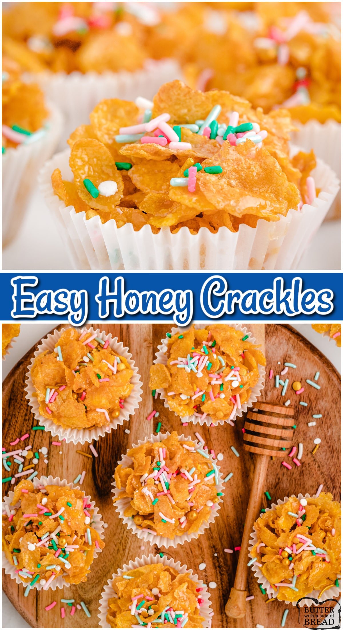 Honey Crackles made in minutes with just 4 ingredients: cornflakes, sugar, butter & honey! Simple recipe for a fun, tasty treat everyone enjoys!