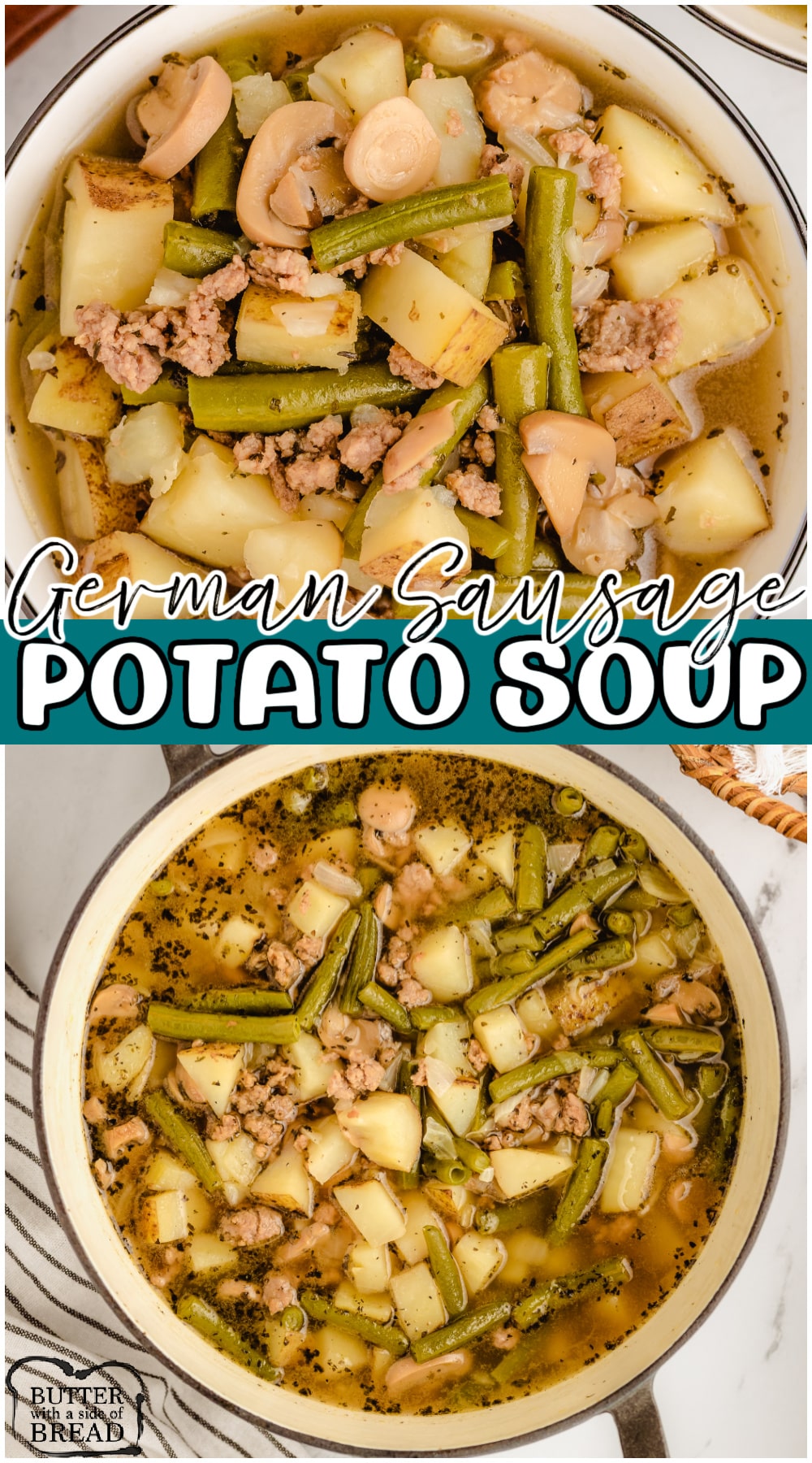 German sausage soup packed with flavorful sausage, potatoes & green beans, for a comforting dinner your family will love! Easy homemade weeknight dinner made on the stove or in a crockpot!