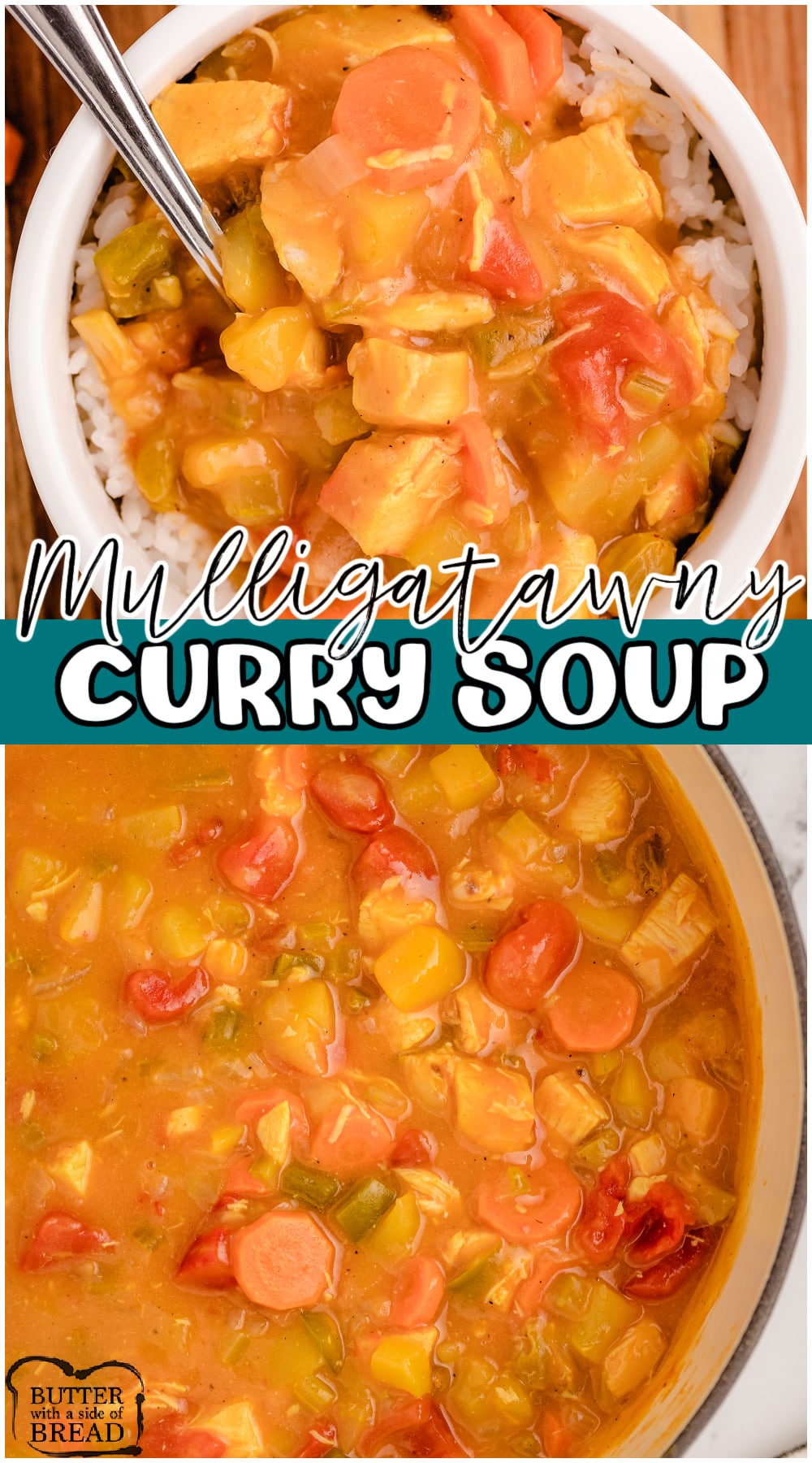 Mulligatawny soup made with curry chicken, packed with veggies, then served over rice. Comforting, sweet curry soup with great flavor!
