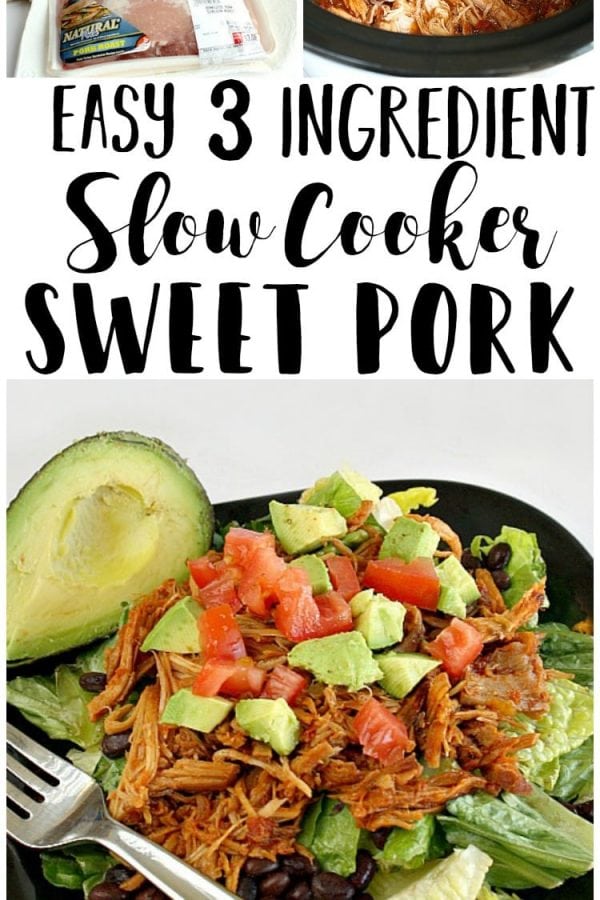 This Easy Slow Cooker Sweet Pork requires just 3 ingredients and a slow cooker! Perfect for busy days when you need a delicious meal without the fuss. Serve in tortillas, on a salad, or as a sandwich! 