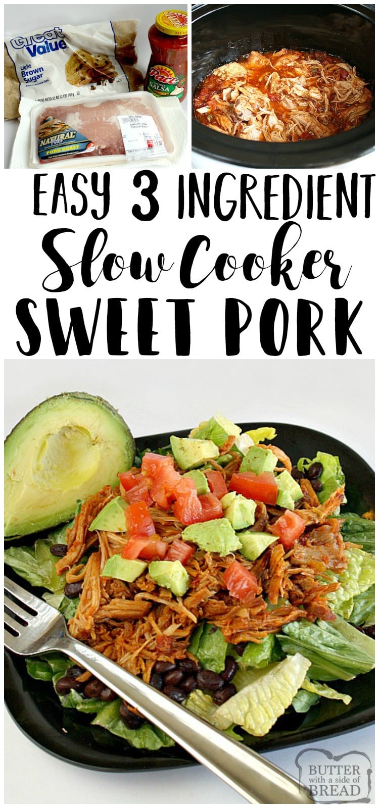 Easy Slow Cooker Sweet Pork requires just 3 ingredients and a slow cooker! Perfect for busy days when you need a delicious meal without the fuss. Serve in tortillas, on a salad, or as a sandwich! 