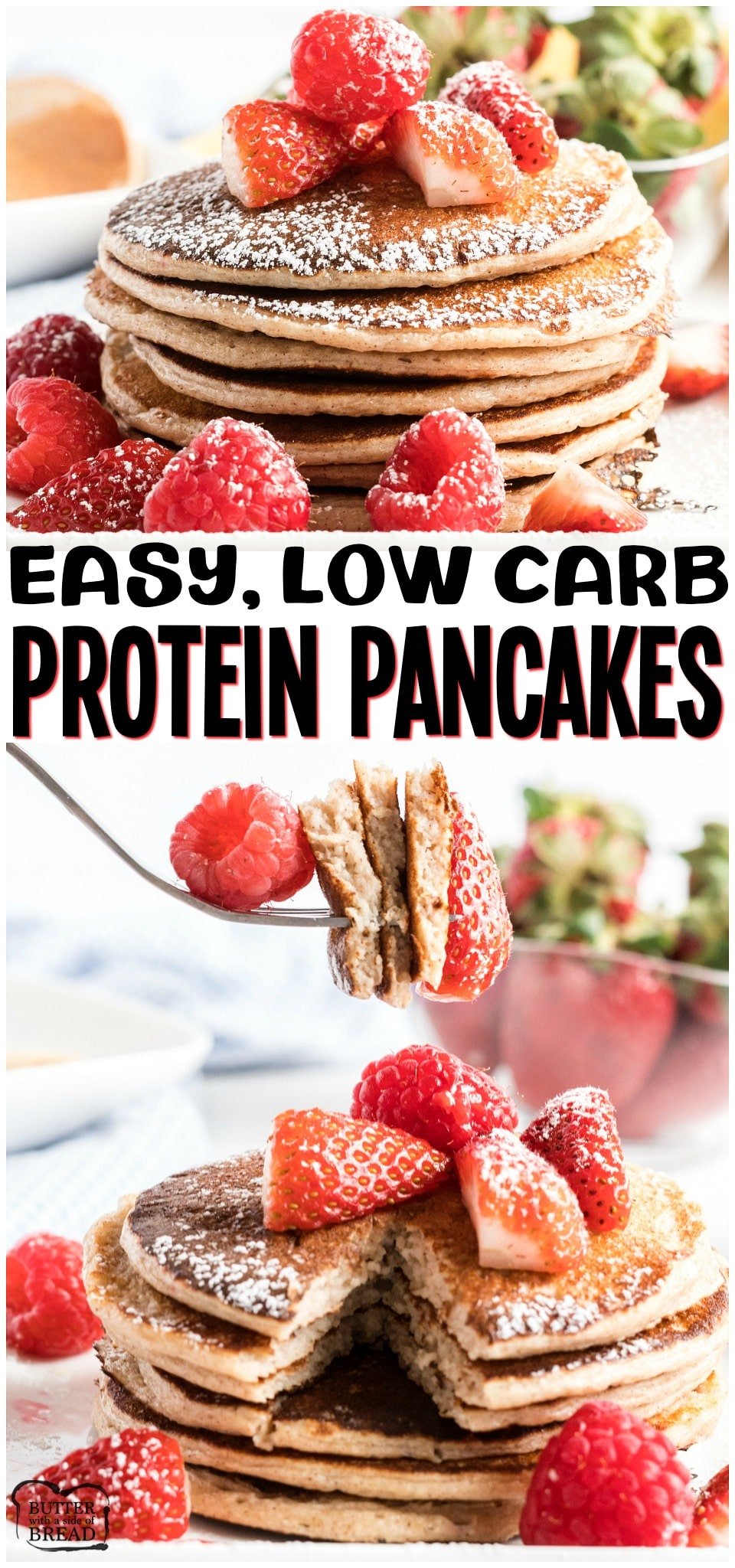 Easy Protein Pancakes recipe packed with protein and healthy ingredients to make a gluten free low carb pancake worthy of your breakfast table. #lowcarb #protein #pancakes #homemade #oats #cottagecheese #breakfast #healthy #recipe from BUTTER WITH A SIDE OF BREAD