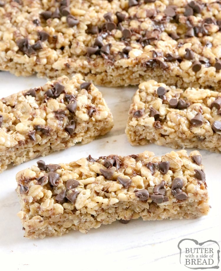 Homemade Granola Bars are so easy to make and taste better than the store bought variety! This easy granola bar recipe is filled with oats, rice cereal, honey, peanut butter, flaxseed and coconut oil.