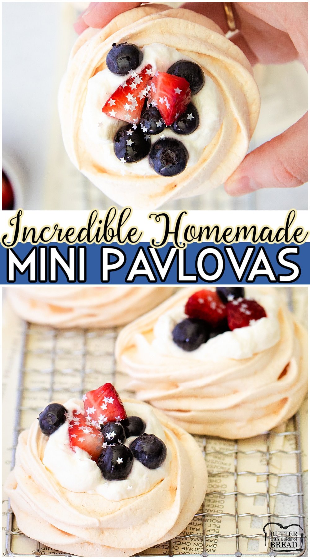 Mini Pavlovas are delicious meringue shells topped with everything from whipped cream to lemon curd & berries! Our favorite mini pavlovas shells recipe is light, sweet and perfect for parties! 