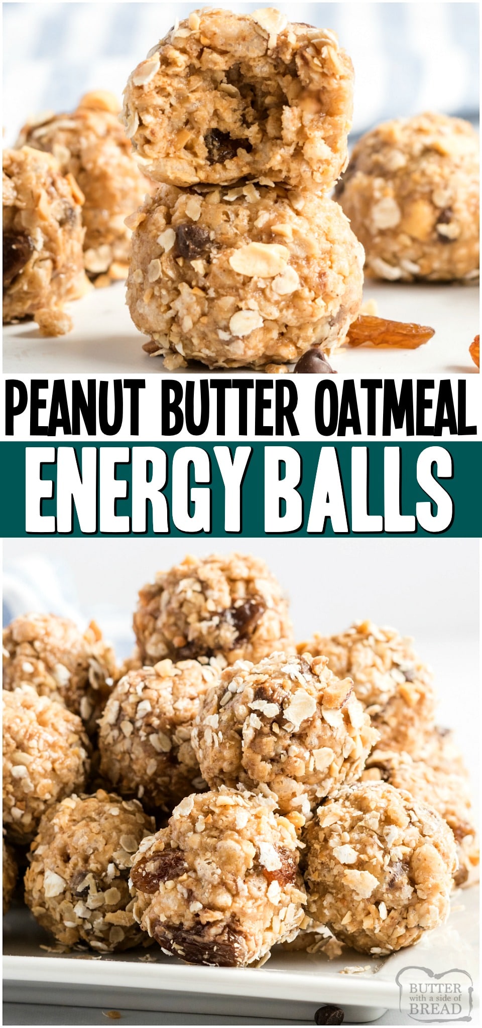 Peanut Butter Oatmeal Balls are a simple, no-bake recipe with peanut butter, oatmeal, honey, raisins and chocolate chips. Perfect homemade energy bites for breakfast, lunch or snack that everyone loves! 