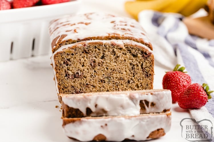 Strawberry Banana Bread is a delicious variation on traditional banana bread. Full of fresh strawberries and bananas and topped with a delicious lemon glaze, this banana bread recipe is one you must try!