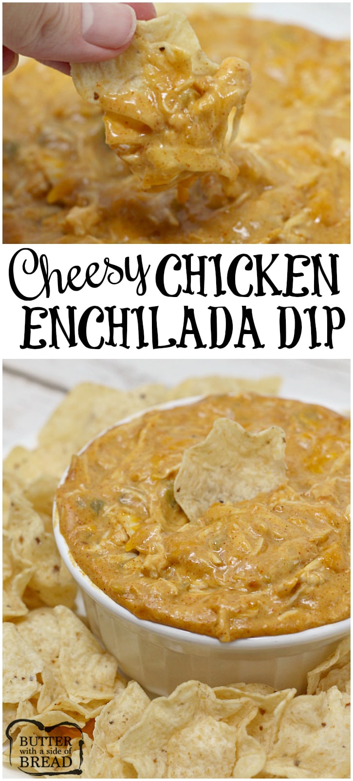 Cheesy Chicken Enchilada Dip is loaded with cheese, chicken, and a little bit of spice too! Add some chips and this is the perfect party food! 