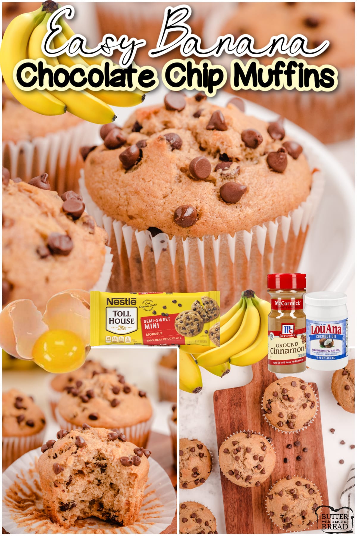 Banana Chocolate Chip Muffins made easy with ripe bananas, brown sugar, milk, eggs & oil. Homemade cinnamon spiced banana muffins dotted with chocolate chips perfect for breakfast!
