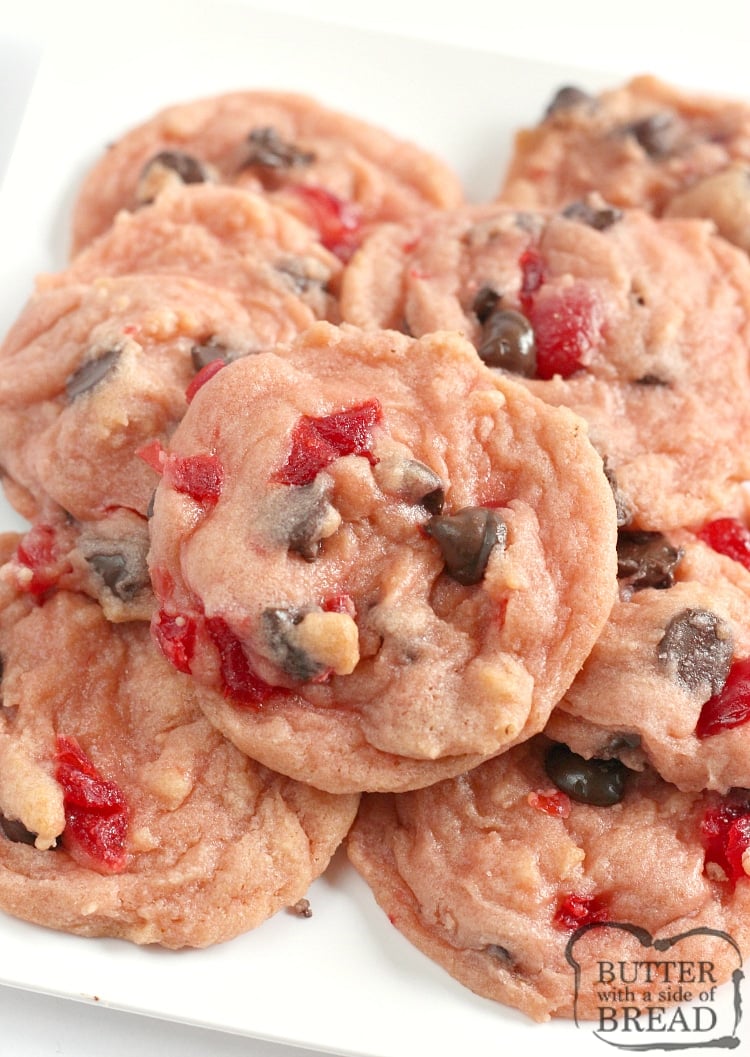Cherry Chocolate Chip Cookies are soft, chewy and full of cherries and chocolate chips. This chocolate chip cookie recipe is a delicious twist on a classic favorite!
