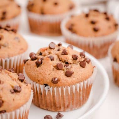chocolate chip banana muffins on a plate