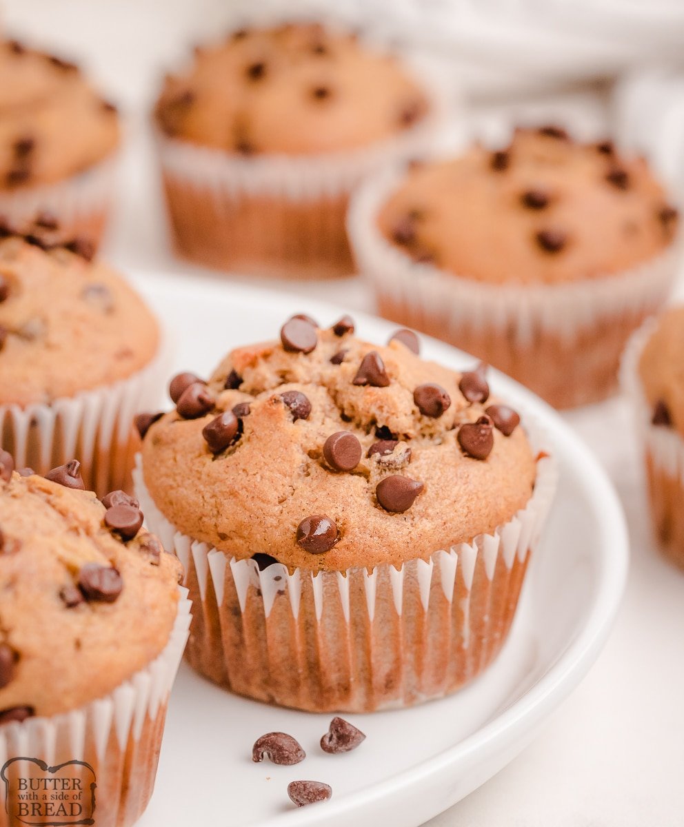 chocolate chip banana muffins on a plate