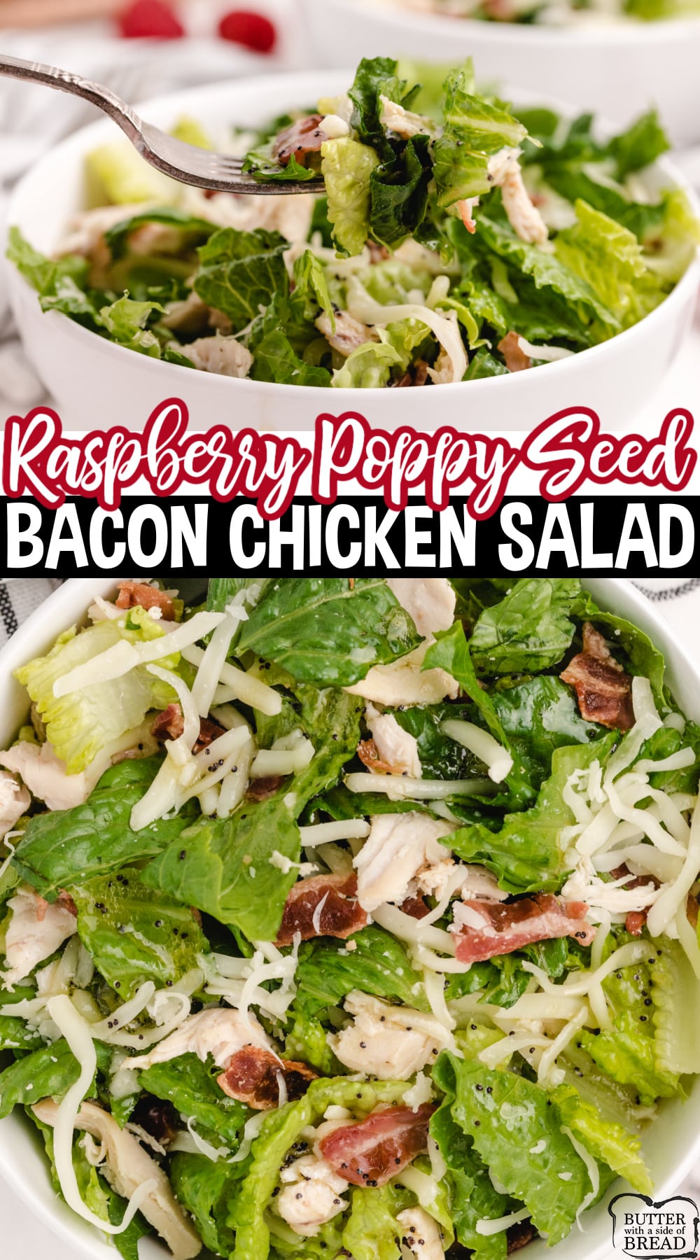 Raspberry Poppy Seed Bacon Chicken Salad is easy to make and absolutely delicious. Romaine lettuce tossed with bacon, chicken and mozzarella cheese and coated with a simple raspberry poppy seed dressing. 
