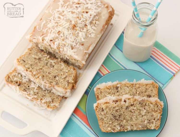 Sweet Coconut Bread is a moist sweet bread made with milk, flour, coconut and pecans. Topped with a sweet coconut glaze, flake coconut and more pecans, you won't be able to resist a slice!