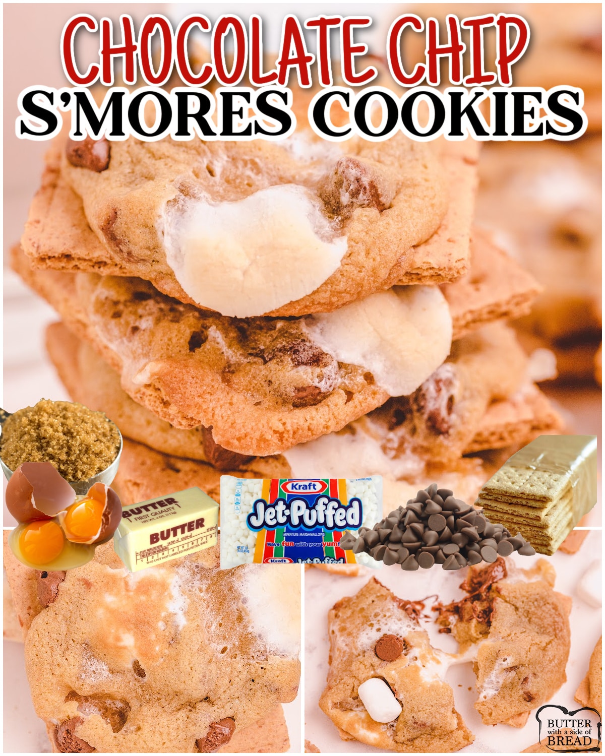 Chocolate Chip S'mores Cookies classic cookies with added marshmallows that are baked on a graham cracker! Two favorite desserts collide in these fantastic cookies! 