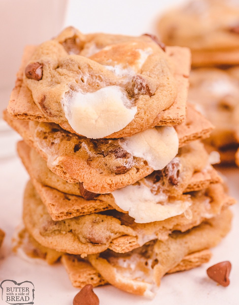 stack of chocolate chip s'mores cookies