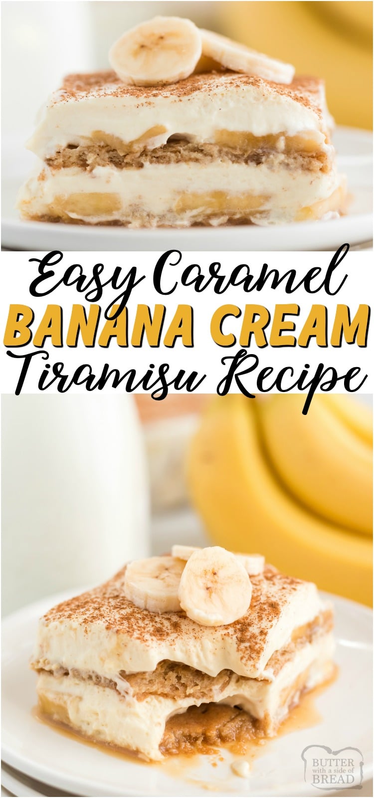 Easy recipe for Caramel Banana Cream Tiramisu that uses graham crackers and a pudding-caramel mixture in layers. Comes together so fast & is delicious!
