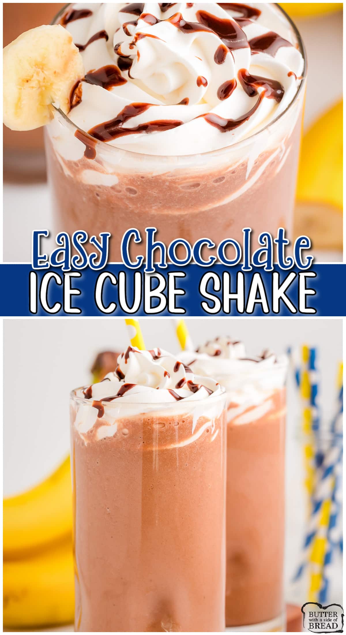 Skinny Chocolate Ice Cube Shake made easy with cocoa powder, a banana, milk and ice cubes! Easy, slushy delightfully chocolate shake that's low calorie & delicious!