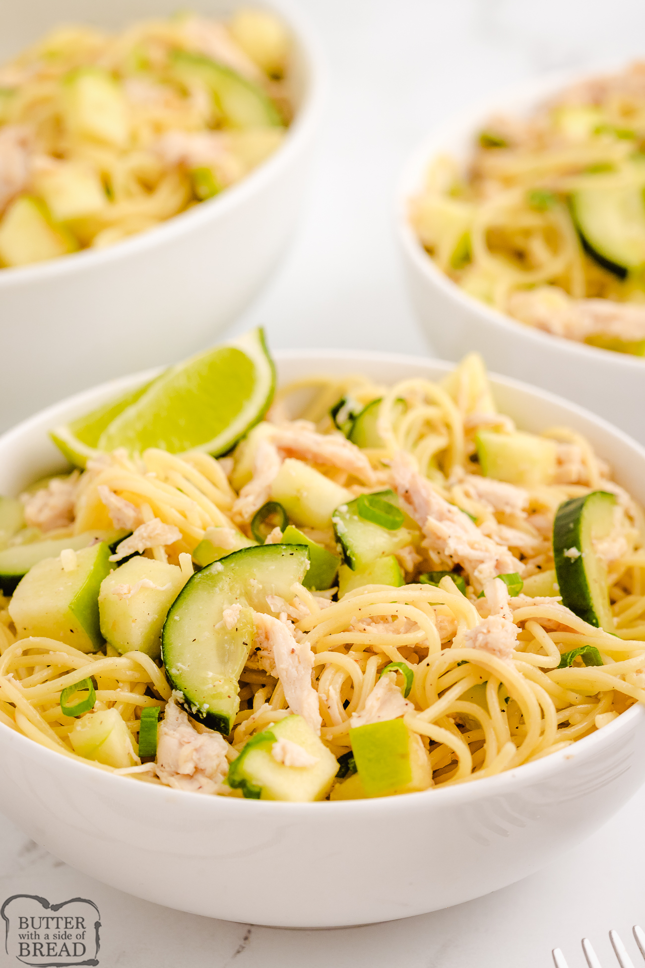bowl of chilled Asian noodle chicken salad