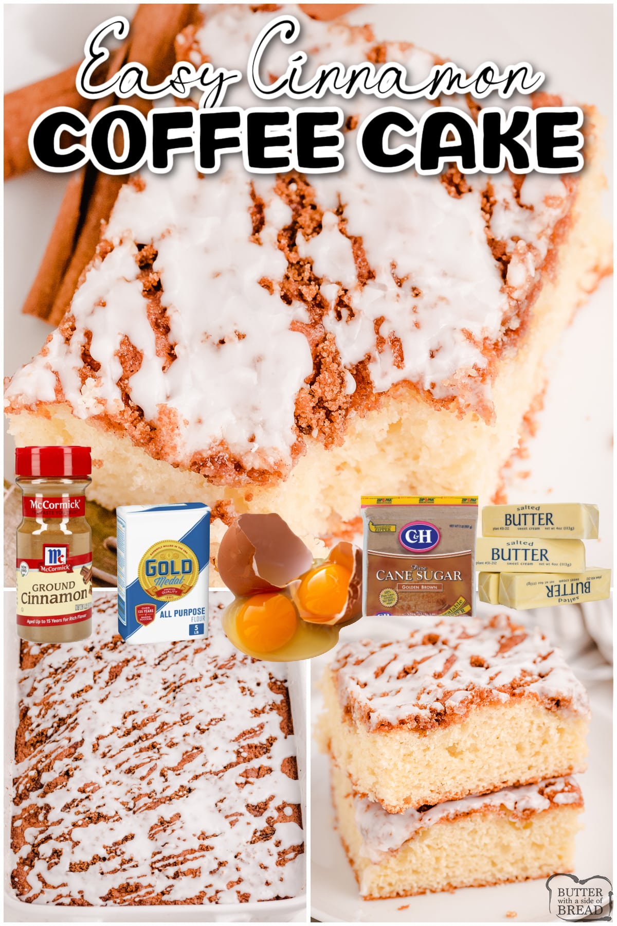 Easy Cinnamon Coffee Cake made with pantry ingredients & topped with a delightful cinnamon brown sugar streusel. Breakfast cake recipe that's simply delicious and pairs perfectly with your morning coffee. 