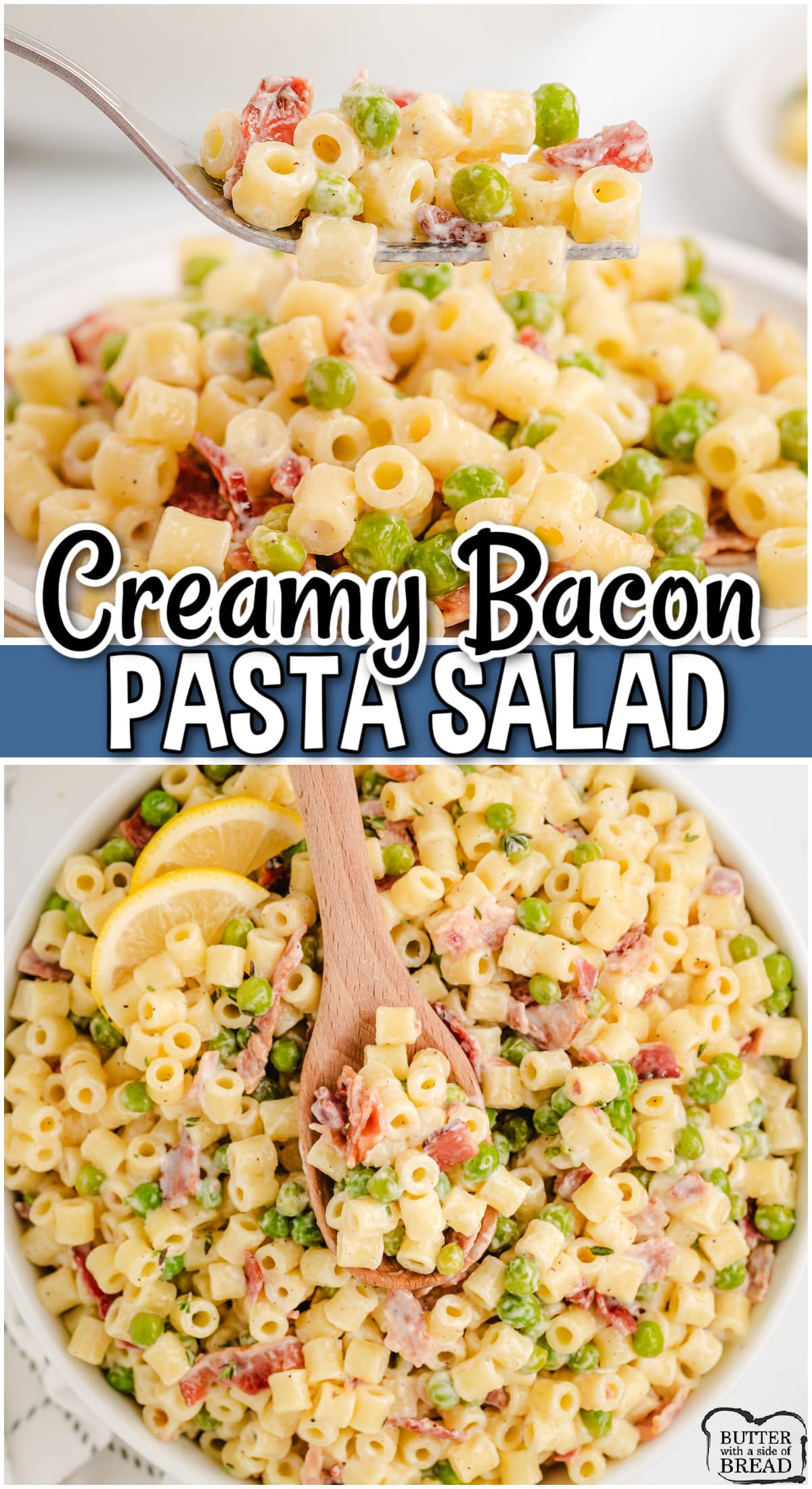 Creamy Bacon Pasta Salad with Lemon Dressing is a light, flavorful salad perfect for a summer cookout! Made easy with bacon, peas, pasta & a refreshing lemon dressing.