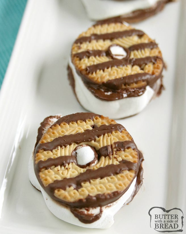 Fudge Striped Cookie S'mores have the perfect balance of cookie, marshmallow and chocolate! Make these s'mores in the oven, microwave or around the campfire!