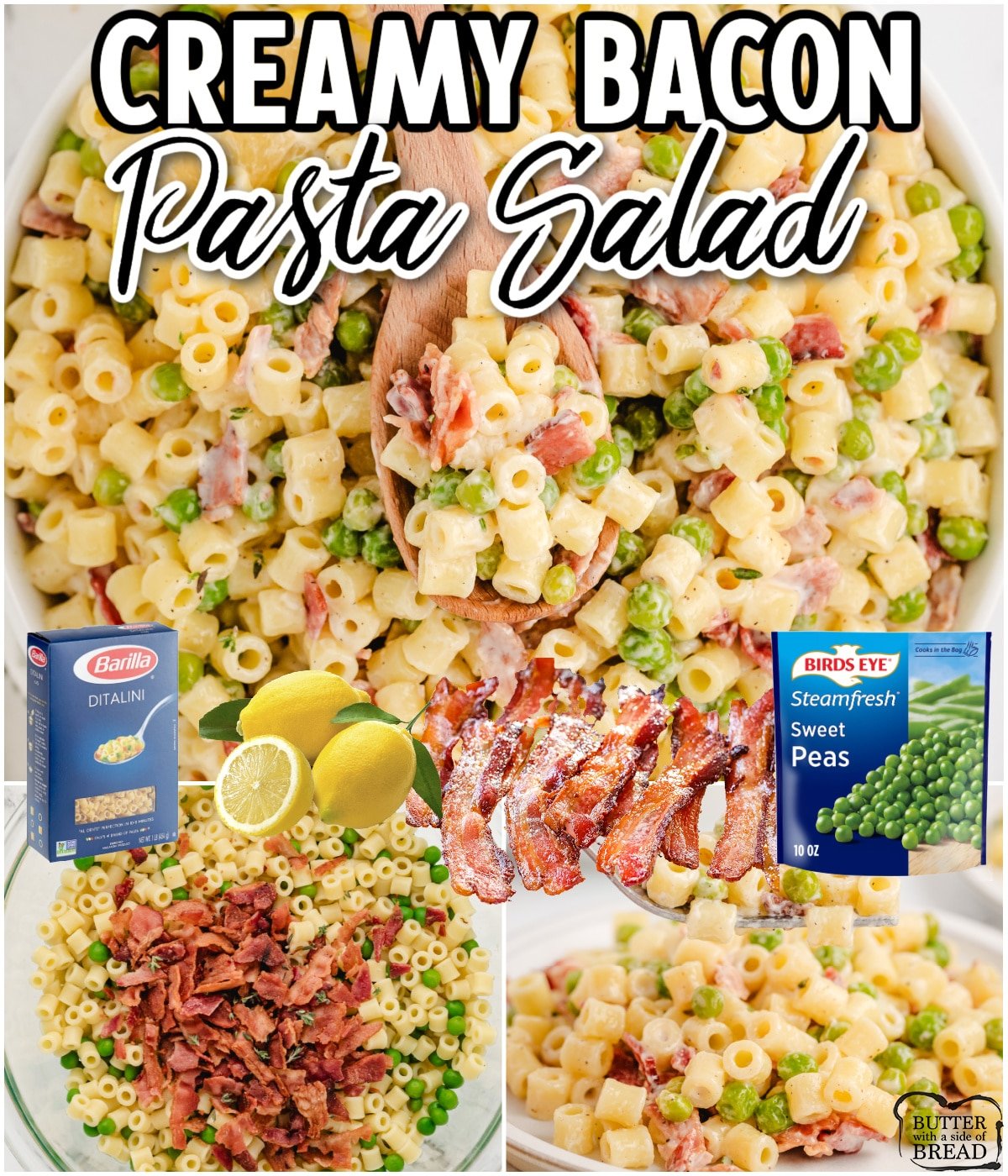 Creamy Bacon Pasta Salad with Lemon Dressing is a light, flavorful salad perfect for a summer cookout! Made easy with bacon, peas, pasta & a refreshing lemon dressing.