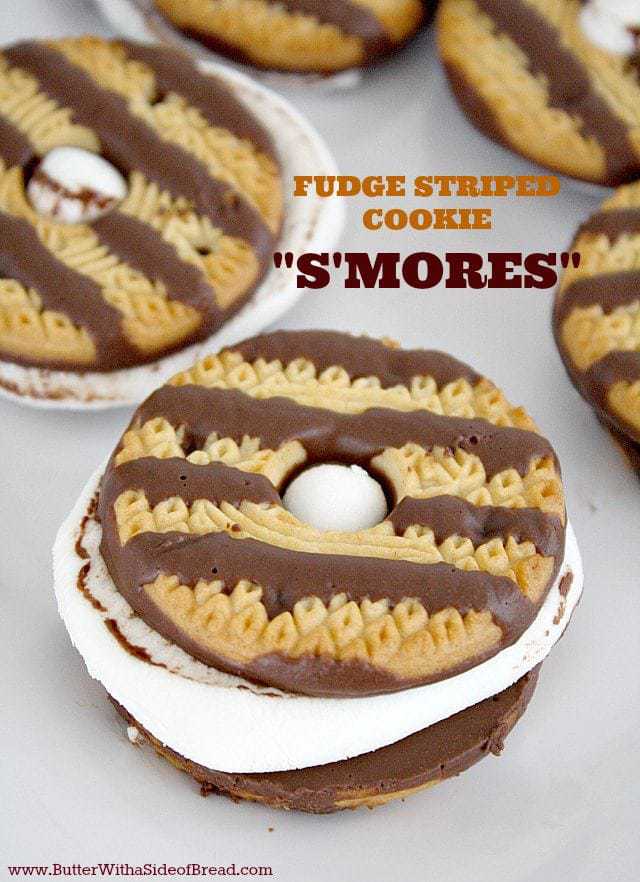 Fudge Striped Cookie S'mores - the easiest way ever to make s'mores, with just the right balance of cookie, marshmallow and chocolate! You can make these around the campfire or all year round in your oven at home.