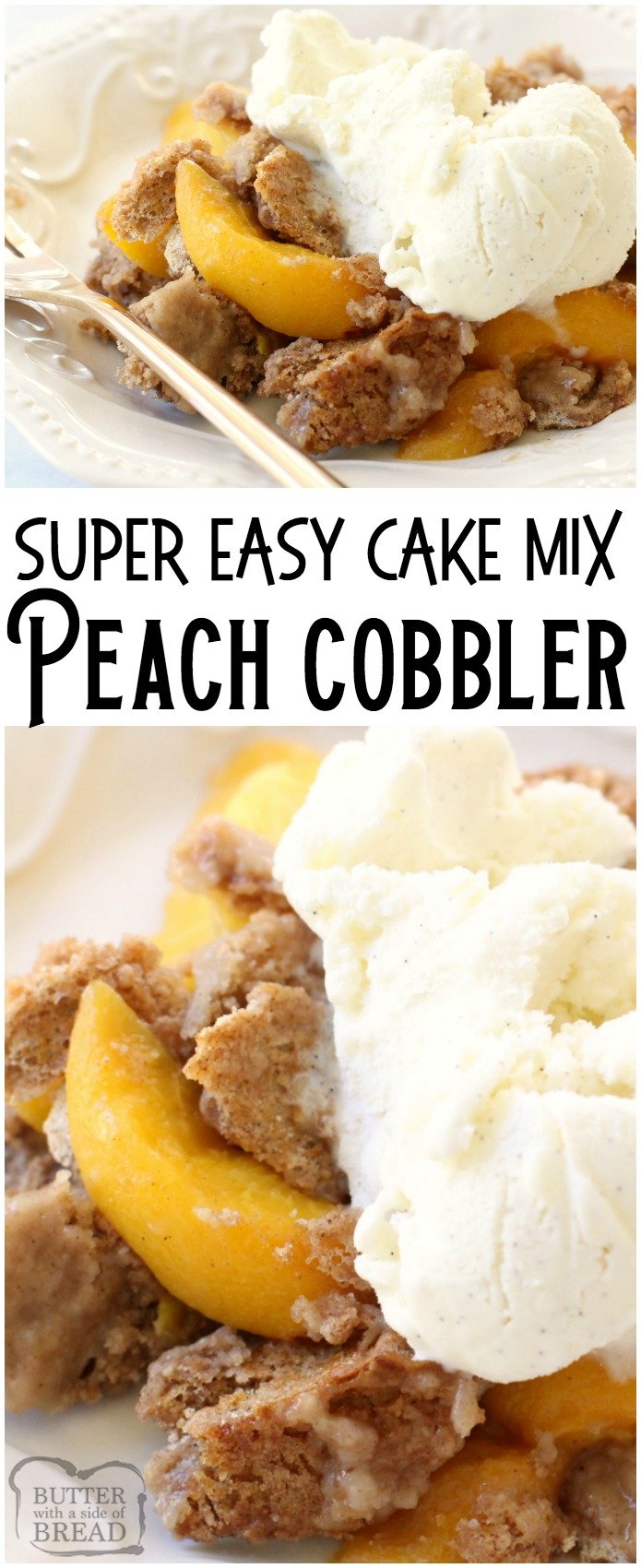 Peach Cobbler with Cake Mix could not be any simpler to make! All it takes is a cake mix + peaches + a can of soda. Delicious and easy peach cobbler recipe! #peach #cobbler #cakemix #dessert #baking #sweets #recipe from BUTTER WITH A SIDE OF BREAD