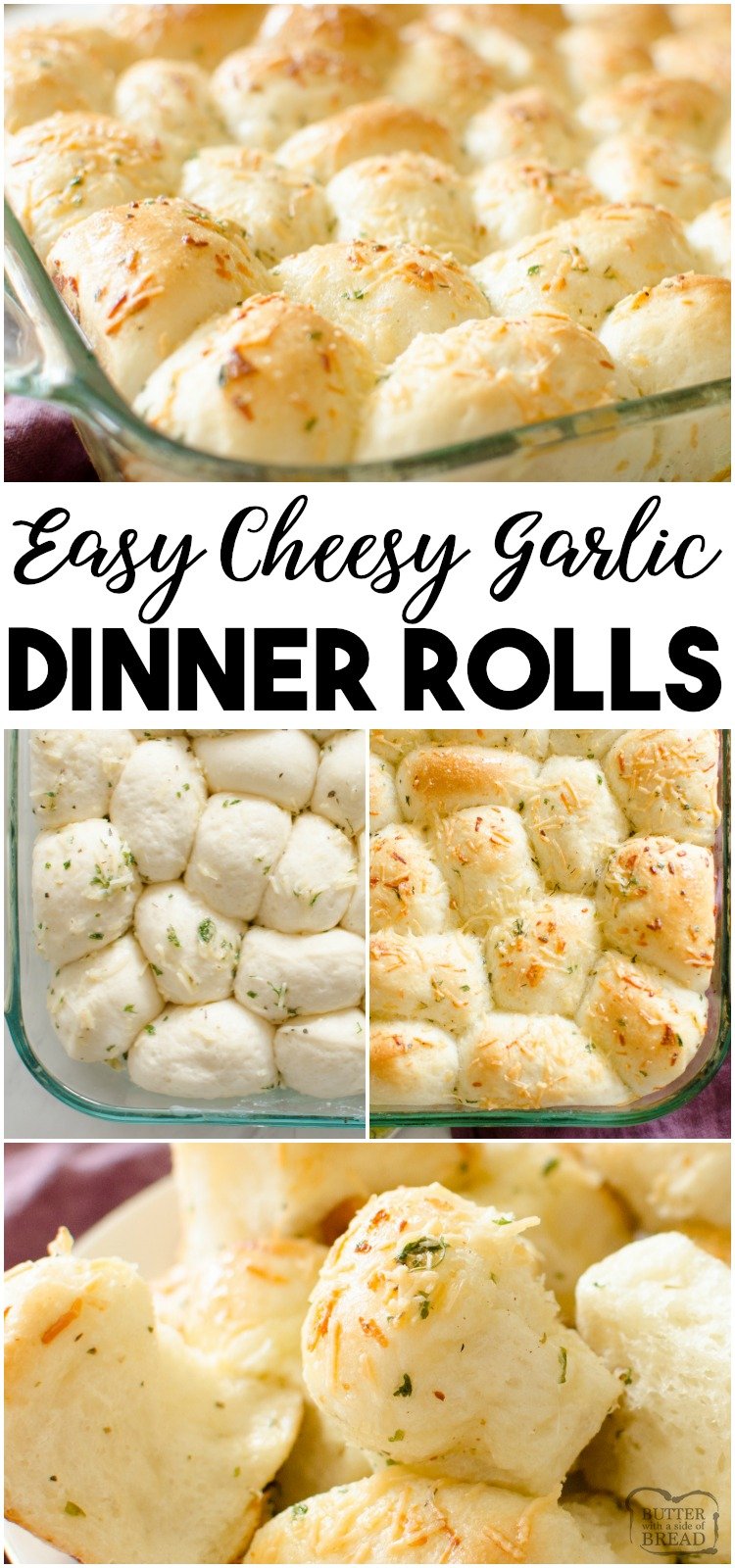 Easy Parmesan Garlic Dinner Rolls made from frozen rolls and tossed with butter and seasonings. Bakes in under 30 minutes, everyone loves these soft, buttery dinner rolls! #bread #dinner #rolls #butter #cheese #baking #food #recipe from BUTTER WITH A SIDE OF BREAD