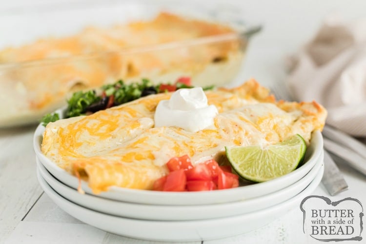 Honey Lime Chicken Enchiladas are made with a little bit of honey, a little bit of lime and a delicious creamy green sauce. This easy chicken enchilada recipe is so simple and the flavors are incredible!