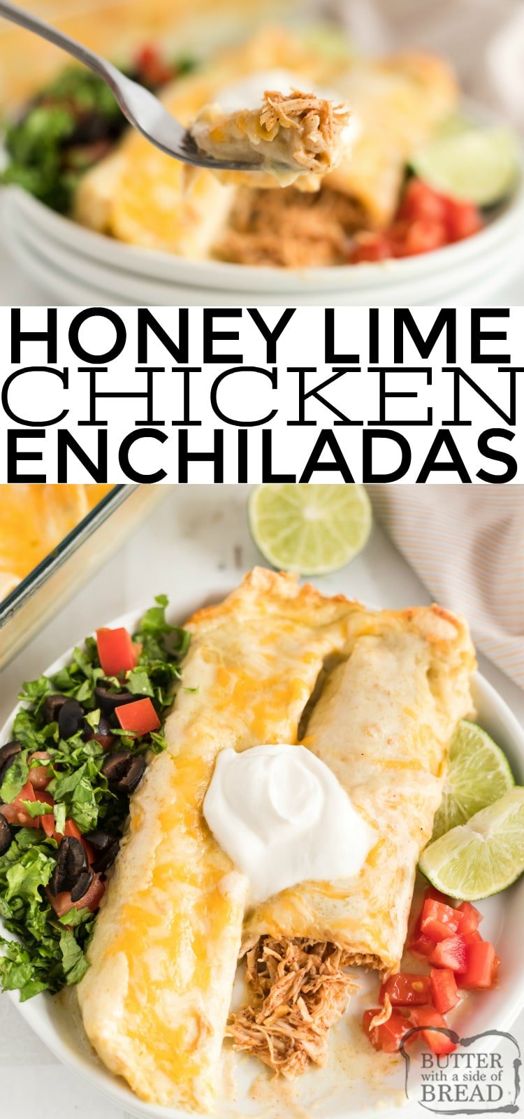 Honey Lime Chicken Enchiladas are made with a little bit of honey, a little bit of lime and a delicious creamy green sauce. This easy chicken enchilada recipe is so simple and the flavors are incredible!