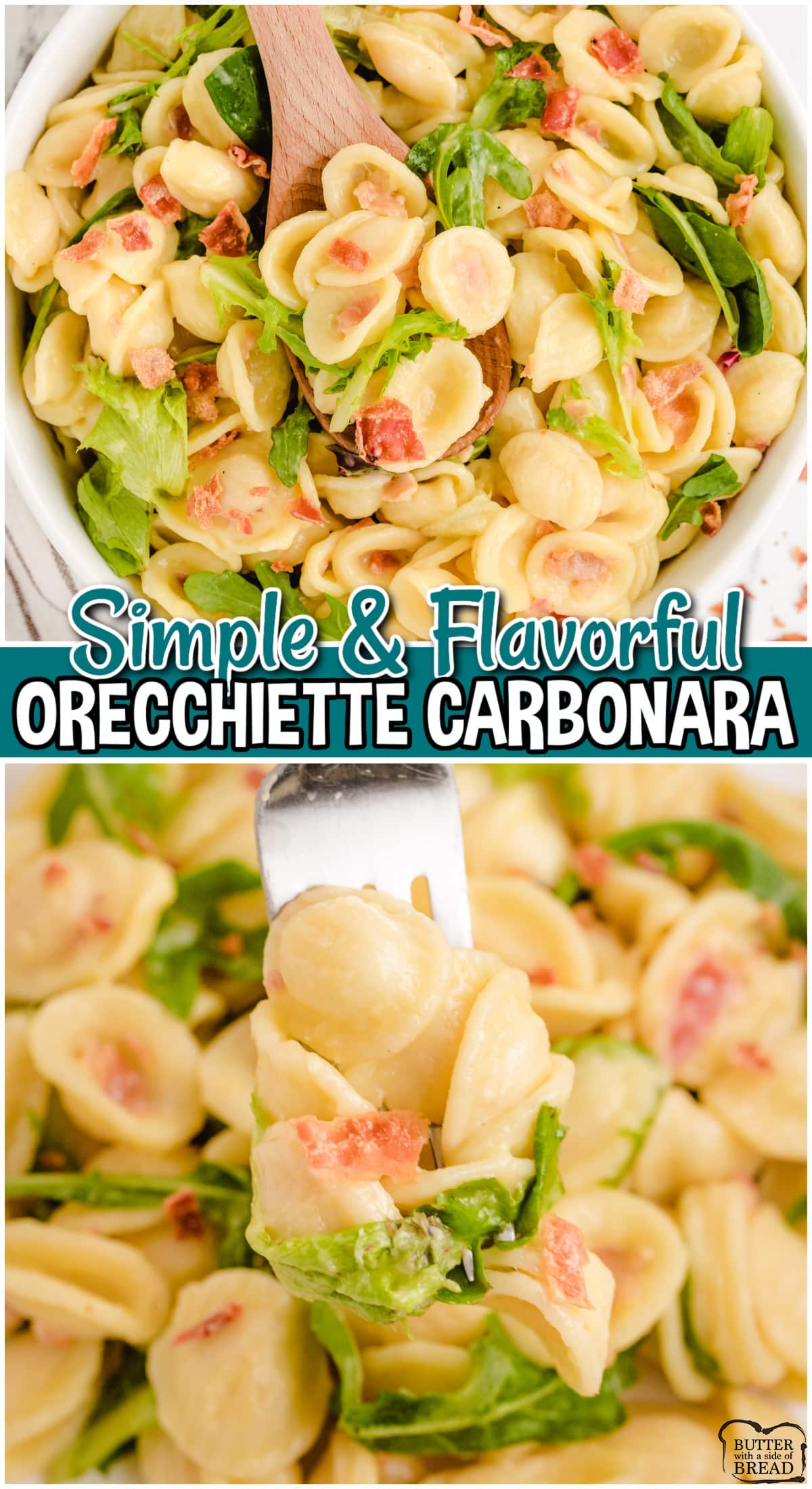 Orecchiette Carbonara is a fresh, light pasta dinner with a creamy sauce made from eggs, Parmesan cheese & lemon! Making this pasta carbonara is simple & results in velvety smooth pasta with crispy bacon! 
