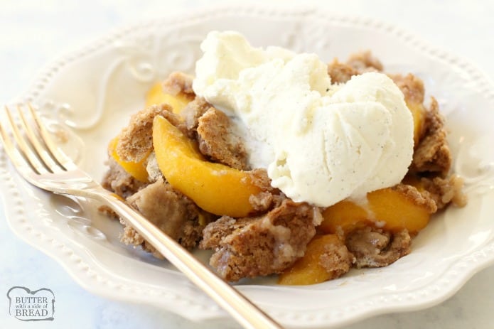 Peach Cobbler with Cake Mix could not be any simpler to make! All it takes is a cake mix + peaches + a can of soda + cinnamon. Delicious and easy peach cobbler recipe!
